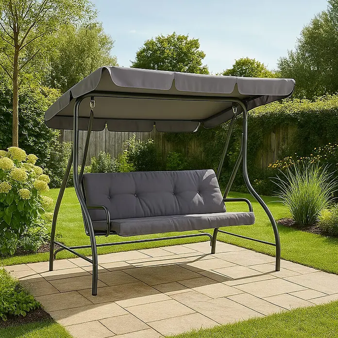 Sunfun Balancín Hollywood - L x An x Al: 194 x 102 x 167 cm, Acero, Número de personas máx.: 3 ud., Antracita - Columpio de jardín gris con cojines suaves y techo protector, perfecto para relajarse al aire libre. Un complemento elegante para cualquier jardín.