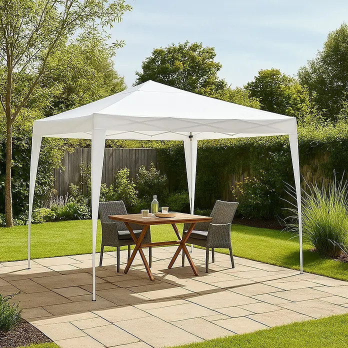 Sunfun Carpa plegable Easy Up - An x Pr: 200 x 300 cm, Blanco - Un cenador de jardín con una mesa y sillas en un patio. El cenador proporciona sombra y refugio para comer al aire libre.