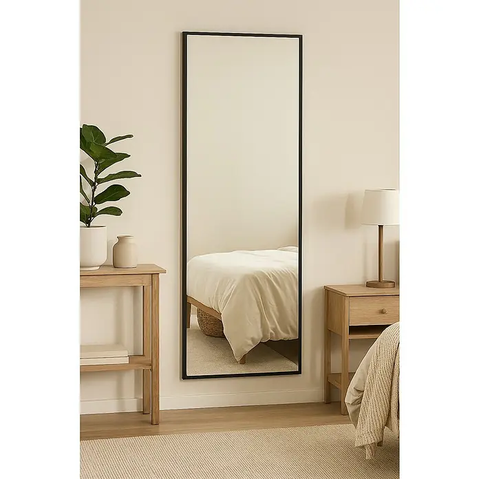Espejo de pared Amberes - 60 x 160 cm, Negro - Un espejo de cuerpo entero con marco negro apoyado en una pared que refleja una escena de dormitorio.
