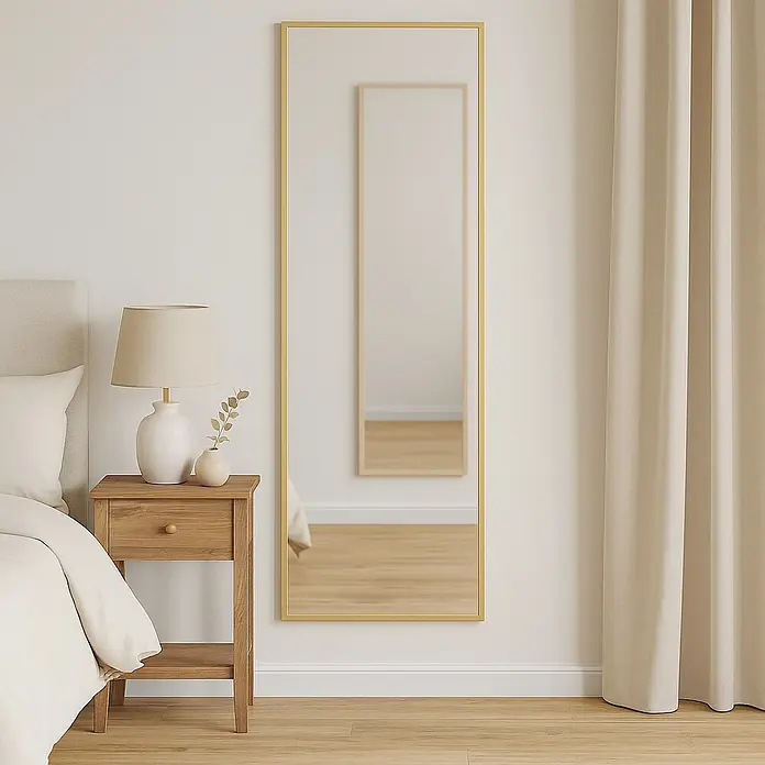 Espejo de pared Amberes - 60 x 160 cm, Oro - Un espejo dorado largo se apoya contra una pared en un dormitorio junto a una mesita de noche y una cortina.