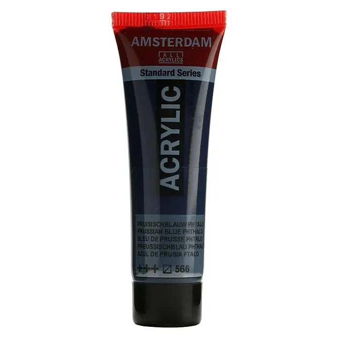 Talens Amsterdam Pintura acrílica Standard - Azul prusiano ftalo, 20 ml, Tubo - Primer plano de un tubo de pintura acrílica Amsterdam Standard Series en azul de Prusia ftalo, ideal para artistas y artesanos.