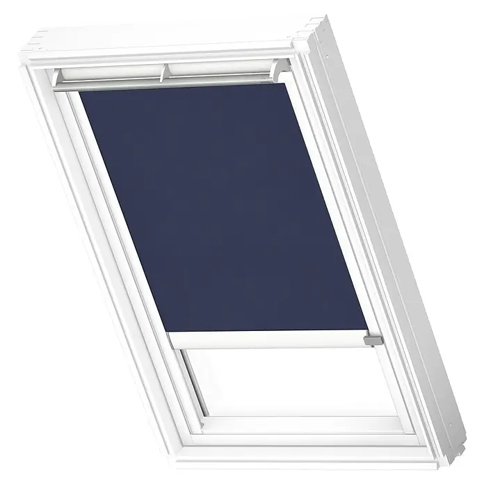 Velux Dachfensterrollo RML UK04 9050KWL - Farbe: Dunkelblau - 9050KWL, Farbe Schiene: Weiß, Elektrisch - Dachfenster mit Verdunkelungsrollo. Das Rollo ist in einem dunklen Blauton gehalten und sorgt für eine gute Abdunkelung des Raumes.