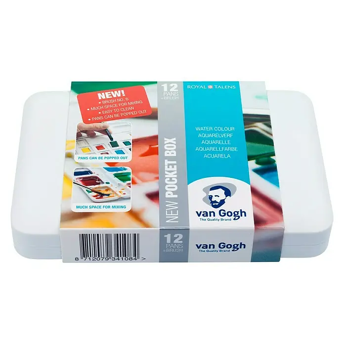 Talens Van Gogh Set de acuarelas Pocket box - Multicolor - Caja de pintura de acuarela Van Gogh, Pocket Box con 12 colores y pincel, ideal para llevar y mezclar fácilmente.