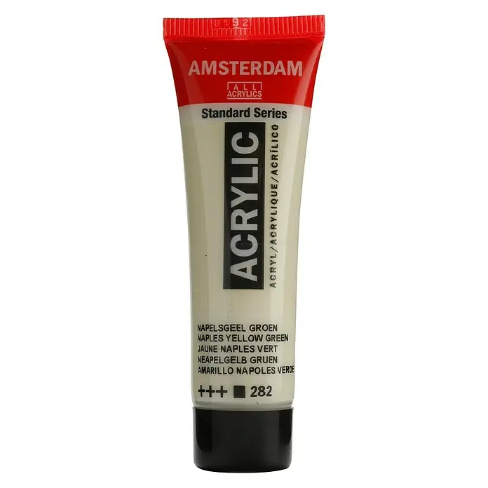 Talens Amsterdam Pintura acrílica Standard - Amarillo Nápoles verde, 20 ml, Tubo - Primer plano de un tubo de pintura acrílica Amsterdam en Amarillo Nápoles Verde, ideal para artistas y proyectos creativos.