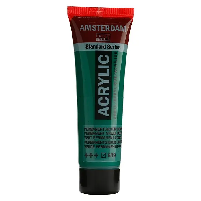 Talens Amsterdam Pintura acrílica Standard - Verde permanente oscuro, 20 ml, Tubo - Un tubo de pintura acrílica Amsterdam Standard Series en verde permanente oscuro, ideal para artistas y aficionados.