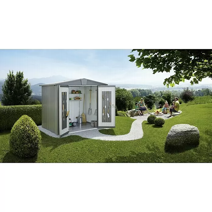 Biohort Europa Gerätehaus Europa Gr. 1 - Außenbreite inkl. Dachüberstand: 173 cm, Außentiefe inkl. Dachüberstand: 84 cm, Stahl, Quarzgrau - Stimmungsaufnahme