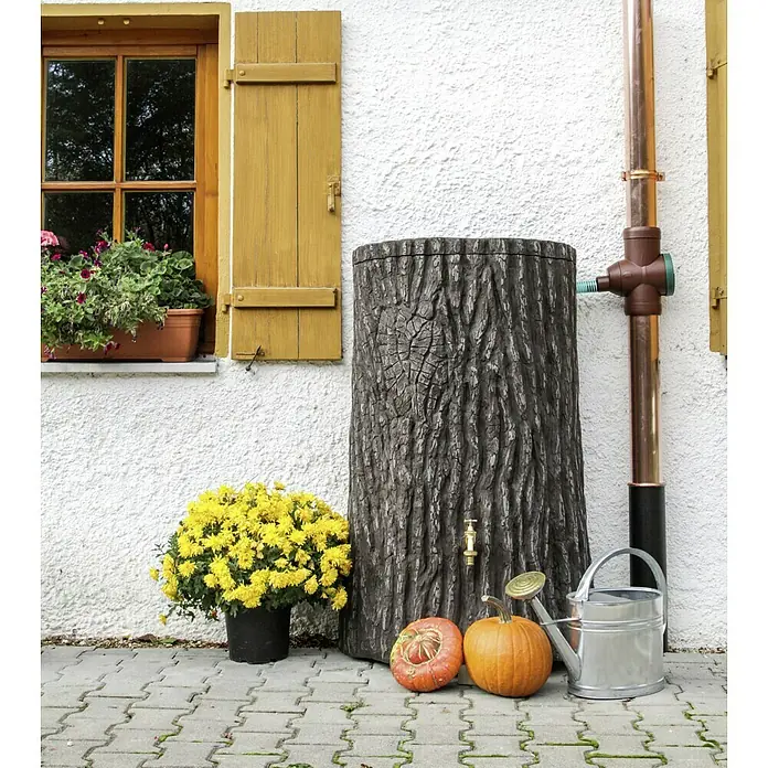 Arves Regenspeicher Evergreen Lite - 300 l, Dunkelbraun - Ein stilvoller Regenwassertank in Baumstammoptik, umgeben von Kürbissen und Blumen, neben Fenster und Fallrohr.