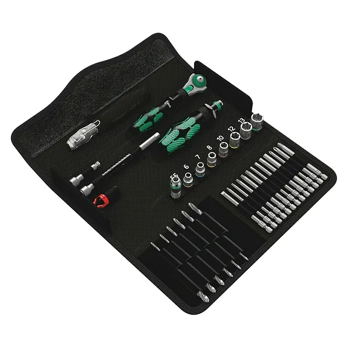 Wera Kraftform Kompakt Werkzeug-Set M1 Metall - 39 -tlg. - Das Wera Werkzeug-Set bietet eine vielseitige Auswahl an Schraubendrehern, Bits und Steckschlüsseln, ordentlich in einer robusten Tasche verstaut.