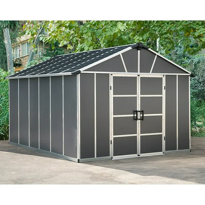 Palram – Canopia Gerätehaus - Außenmaß inkl. Dachüberstand (B x T): 332 x 393 cm, Kunststoff, Grau, Mit Boden - Abbildung eines geräumigen Gerätehauses mit Doppeltür. Es ist aus robusten Materialien gefertigt und bietet viel Stauraum für Gartengeräte.