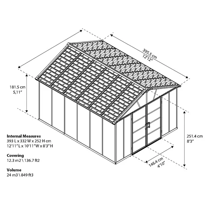 Palram – Canopia Gerätehaus - Außenmaß inkl. Dachüberstand (B x T): 332 x 393 cm, Kunststoff, Grau, Ohne Boden - Abbildung eines Gewächshauses mit Maßangaben zu Länge, Breite, Höhe, Fläche und Volumen.