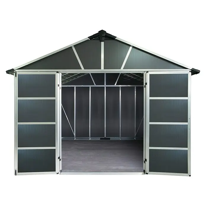 Palram – Canopia Gartenhaus - Außenmaß inkl. Dachüberstand (B x T): 332 x 271 cm, Kunststoff, Grau, Mit Boden - Das Foto zeigt einen grauen Metallschuppen mit geöffneten Schiebetüren. Der Schuppen hat ein Giebeldach mit schwarzen Akzenten.