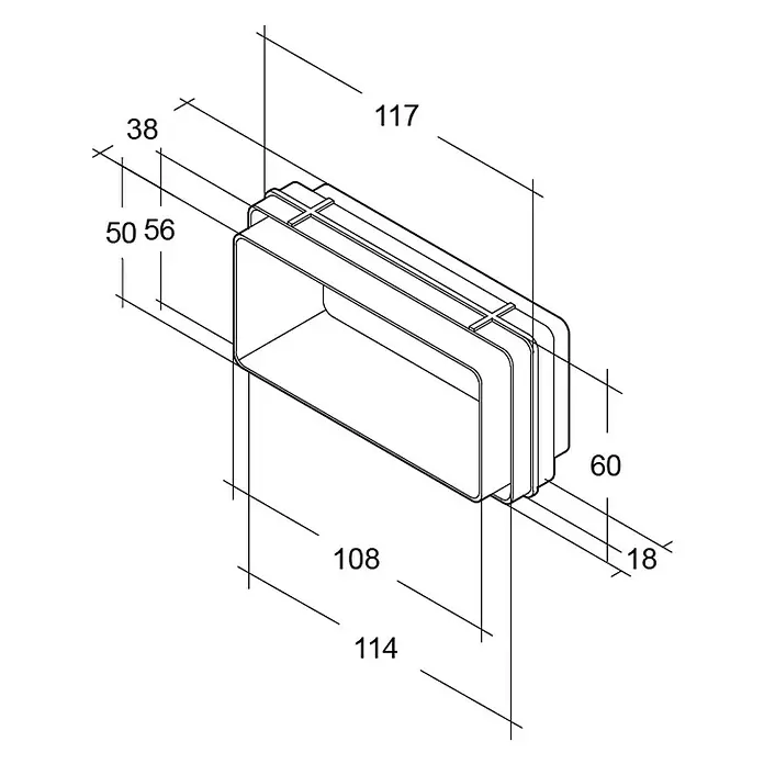 Air-Circle Flachkanal-Verbinder - 111 x 54 mm - Produktbild: Schematische Darstellung einer rechteckigen Box mit Maßangaben, die ihre Dimensionen und Proportionen verdeutlichen.