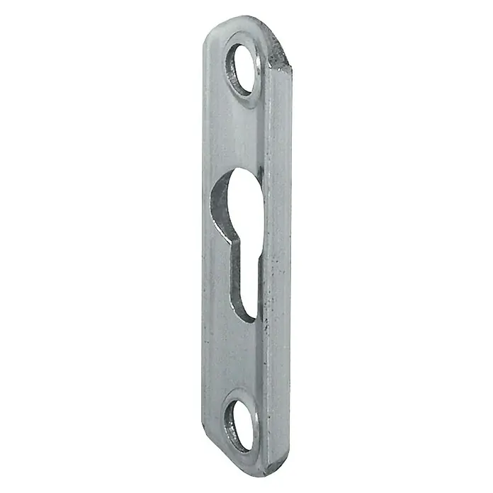 Suki Placa para cerradura - L x An x Al: 60 x 16 x 3,5 mm - Primer plano de una bocallave de metal plateado con orificios de montaje en la parte superior e inferior para una fijación segura.