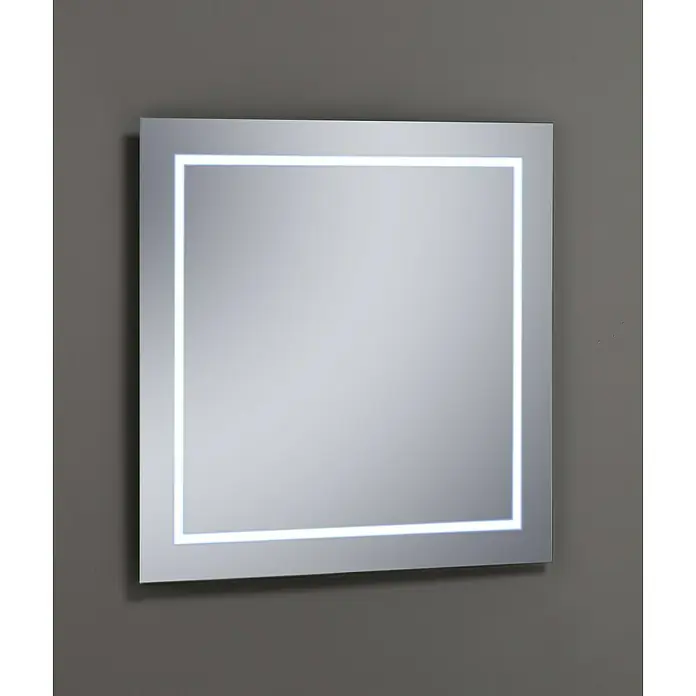 Espejo con luz Linnea - An x Al: 80 x 80 cm - Espejo cuadrado con iluminación LED. El espejo cuelga de una pared gris y crea un ambiente moderno.