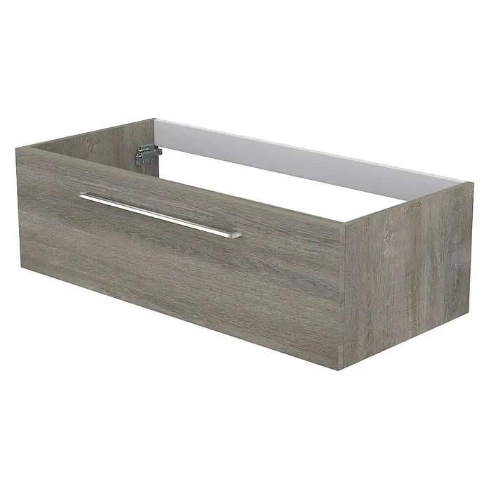 Camargue Espacio Waschtischunterschrank - 100 x 46 x 30 cm, Faro - Ansicht eines Badezimmerunterschranks in Holzoptik mit einem schlichten, silberfarbenen Griff. Dieser Schrank bietet stilvollen Stauraum.