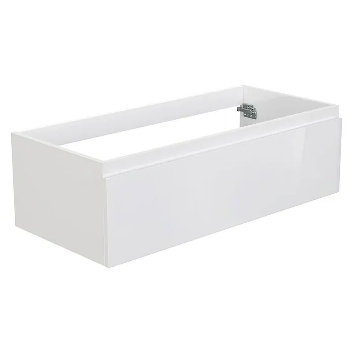 Camargue Espacio Waschtischunterschrank - 100 x 46 x 30 cm, Gama weiß glänzend - Produktansicht eines weißen, wandmontierten Badezimmerschranks ohne Waschbecken mit minimalistischem Design und klaren Linien.