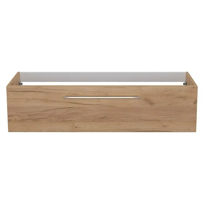 Camargue Espacio Waschtischunterschrank - 120 x 46 x 30 cm, Doce - Dieses Bild zeigt ein hölzernes Badezimmermöbelstück mit einer Schublade und einer silbernen Griffleiste. Es ist schlicht und modern gestaltet.