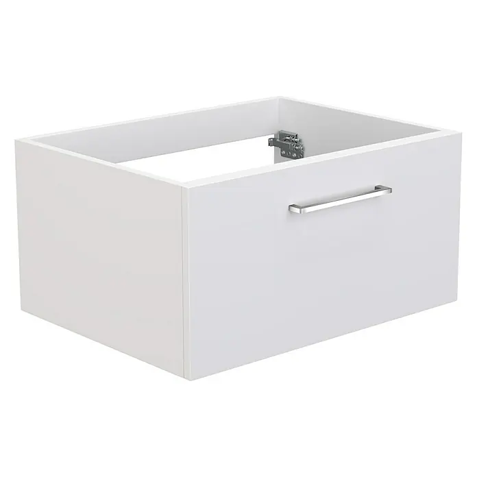 Camargue Espacio Waschtischunterschrank - 60 x 46 x 30 cm, Mira - Das Bild zeigt ein weißes Badezimmer-Waschbeckenunterschrank mit einem Griff und einem Scharnier. Der Schrank ist schlicht und modern gestaltet.