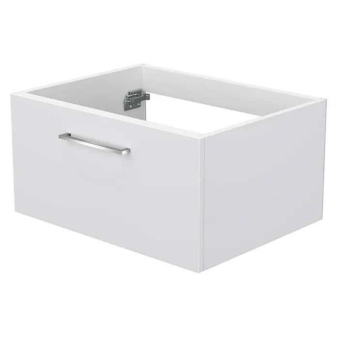 Camargue Espacio Waschtischunterschrank - 60 x 46 x 30 cm, Mira - Abbildung eines weißen Badezimmerschranks mit Griff und Scharnier, der eine moderne und minimalistische Ästhetik aufweist.