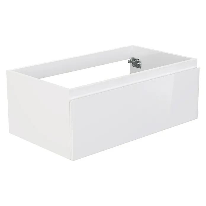 Camargue Espacio Waschtischunterschrank - 80 x 46 x 30 cm, Gama weiß glänzend - Bild einer weißen Badezimmerunterschrank-Einheit, die ein schlichtes Design und ein sauberes, minimalistisches Aussehen aufweist.