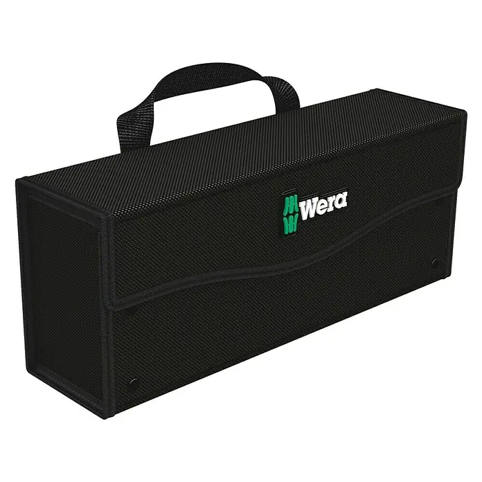 Wera Werkzeugtasche 2go 3 - Textil - Schwarze Wera Werkzeugtasche mit Tragegriff und grünem Logo. Robustes und praktisches Design für Werkzeugaufbewahrung.