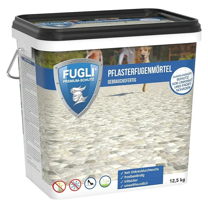 Fugli Pflasterfugenmörtel - Basalt, 12,5 kg - Eimer Fugli Pflasterfugenmörtel Premium-Schutz, gebrauchsfertig, zuverlässiger Schutz vor Unkraut und Frostschäden, 12,5 kg.