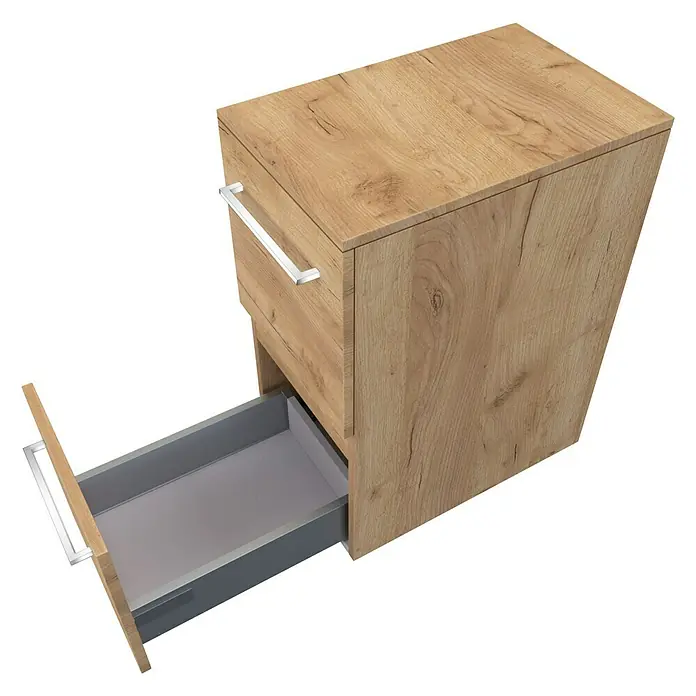 Camargue Espacio Unterschrank - 30 x 46 x 60 cm, Doce - Ein moderner Holzschrank mit einer offenen Schublade und einem schlanken, silbernen Griff. Ideal für Stauraum in jedem Raum.
