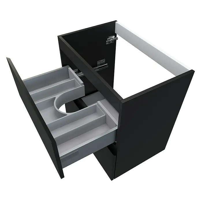 Camargue Espacio Waschtischunterschrank - 60 x 40 x 60 cm, 2 Schubkästen, Gama anthrazit matt - Schwarz lackierter Badezimmerschrank mit zwei Schubladen, wobei die obere Schublade eine Aussparung für das Waschbecken hat.