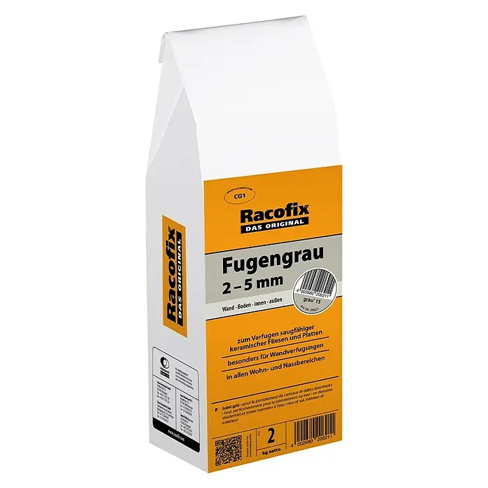 Racofix Fugengrau - Grau, 2 kg - Nahaufnahme einer Packung Racofix Fugengrau, einer Fugenmasse zum Verfugen von Fliesen und Platten im Innen- und Außenbereich.