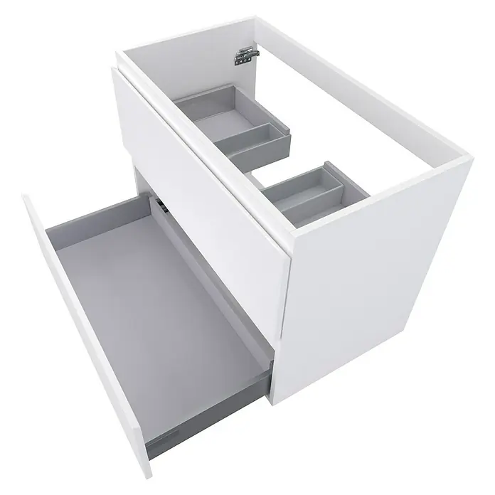 Camargue Espacio Waschtischunterschrank - 80 x 46 x 60 cm, 2 Schubkästen, Gama weiß matt - Bild eines modernen weißen Badezimmerschranks mit offenen Schubladen, der Stauraum und ein minimalistisches Design bietet.