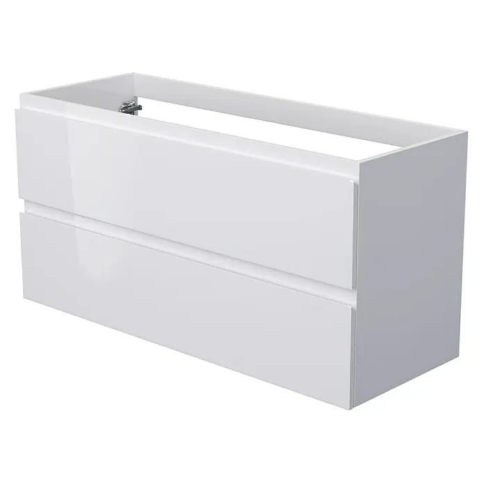 Camargue Espacio Waschtischunterschrank - 120 x 46 x 60 cm, 2 Schubkästen, Gama weiß glänzend - Abbildung eines Unterschranks mit zwei Schubladen in glänzendem Weiß, ideal für moderne Badezimmer.