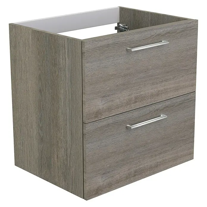 Camargue Espacio Waschtischunterschrank - 60 x 46 x 60 cm, 2 Schubkästen, Faro - Abbildung eines modernen Waschbeckenunterschranks in Holzoptik mit zwei Schubladen und Griffen aus Edelstahl.