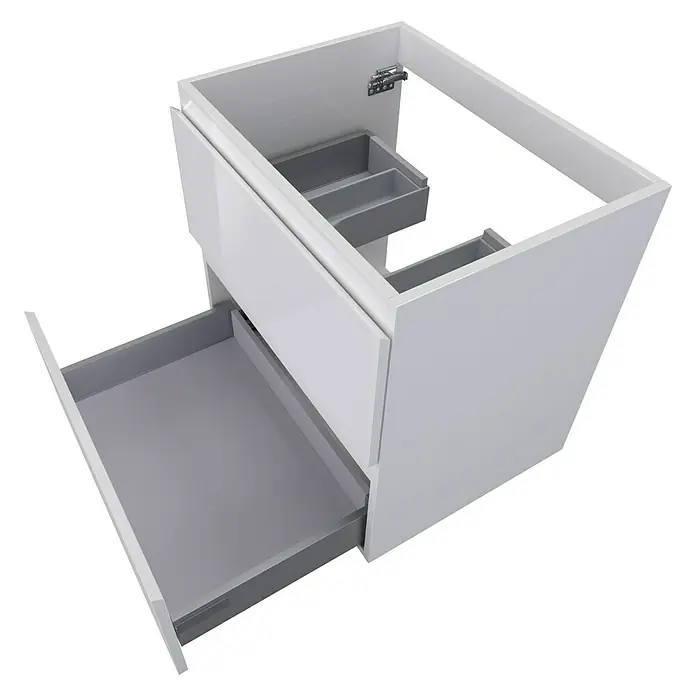 Camargue Espacio Waschtischunterschrank - 60 x 46 x 60 cm, 2 Schubkästen, Gama weiß glänzend - Hier ist ein Badezimmerschrank mit Schubladen. Der Schrank ist weiß und die Schubladen sind grau, eine davon ist geöffnet.