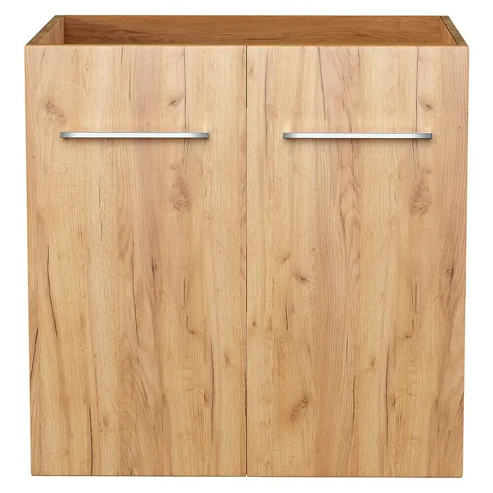 Camargue Espacio Waschtischunterschrank - 60 x 46 x 60 cm, 1 Einlegeboden, Doce - Bild eines Holzschranks mit zwei Türen und silbernen Griffen. Der Schrank ist aus hellem Holz gefertigt.