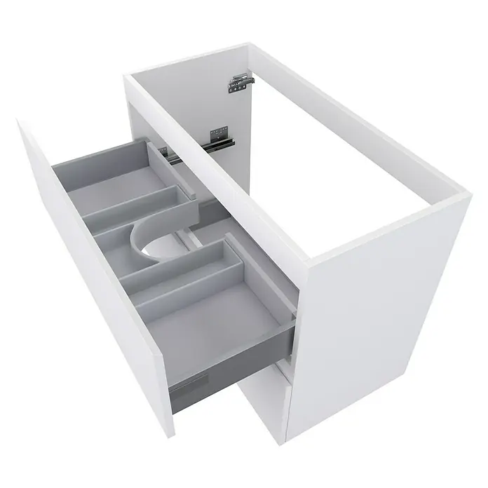 Camargue Espacio Waschtischunterschrank - 80 x 40 x 60 cm, 2 Schubkästen, Gama weiß matt - Bild eines weißen Badezimmerschranks mit einer grauen Schublade. Das Möbelstück zeichnet sich durch ein modernes Design aus.