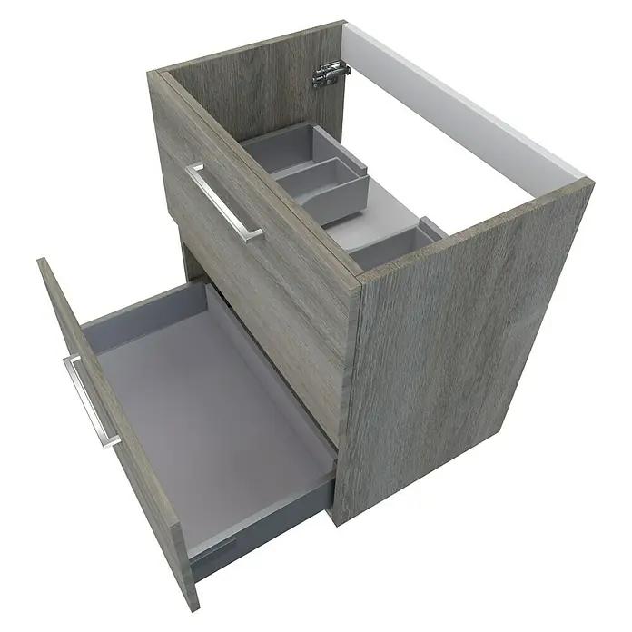 Camargue Espacio Waschtischunterschrank - 60 x 40 x 60 cm, 2 Schubkästen, Faro - Produktansicht eines grauen Waschtischunterschranks mit Schubladen und Fächern für Badezimmerutensilien.