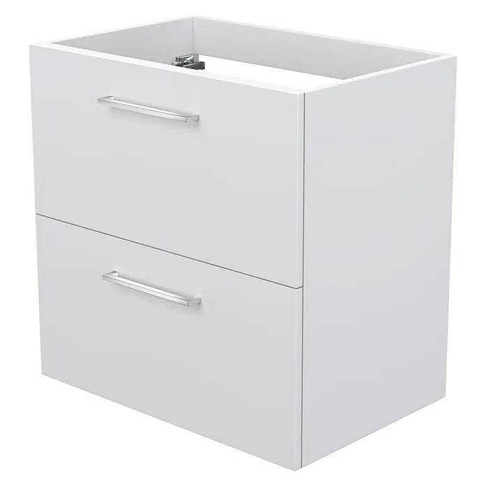 Camargue Espacio Waschtischunterschrank - 60 x 40 x 60 cm, 2 Schubkästen, Mira - Bild eines weißen Badezimmerunterschranks mit zwei Schubladen und silbernen Griffen.