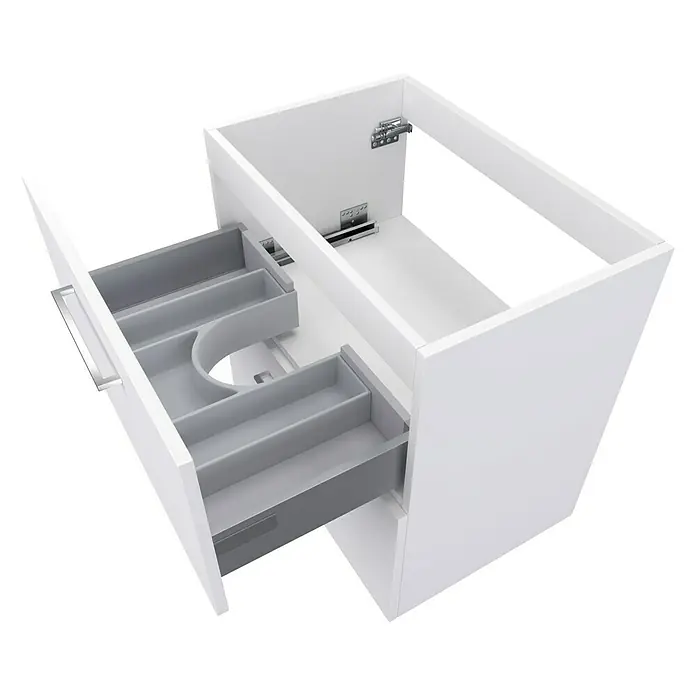 Camargue Espacio Waschtischunterschrank - 60 x 40 x 60 cm, 2 Schubkästen, Mira - Ein weißer Badezimmerschrank mit einer Schublade und einem Waschbecken, ideal für die Badorganisation.