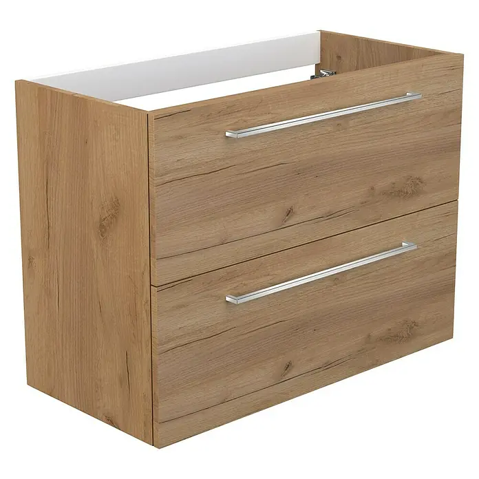 Camargue Espacio Waschtischunterschrank - 80 x 40 x 60 cm, 2 Schubkästen, Doce - Ein Waschbeckenunterschrank in Holzoptik mit zwei Schubladen und silberfarbenen Griffen für das Badezimmer.