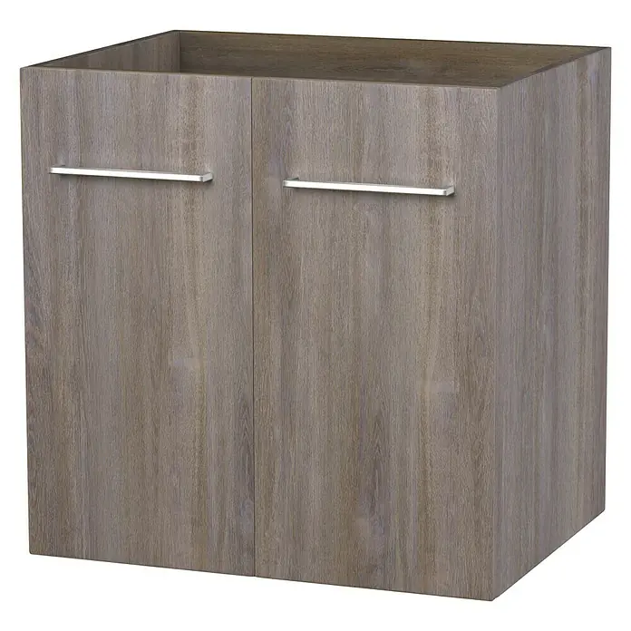 Camargue Espacio Waschtischunterschrank - 60 x 46 x 60 cm, 1 Einlegeboden, Faro - Ein moderner Waschbeckenunterschrank in Holzoptik mit zwei Türen und silberfarbenen Griffen, ideal für jedes Badezimmer.