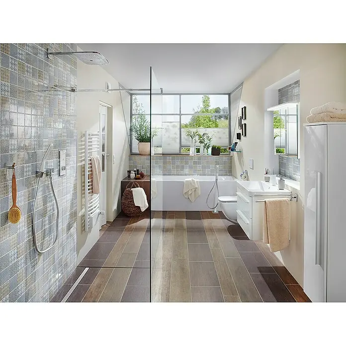 Mosaikfliese Quadrat Classico Mix - 29,8 x 29,8 cm, Mehrfarbig, Glänzend - Badezimmer mit modernen Fliesen und Dusche, Waschbecken und Toilette für ein stilvolles Ambiente.