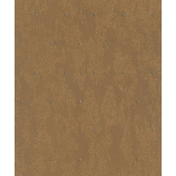 Glööckler Pompöös Provence Vliestapete Glitzersteinchen - Kupfer, Metalloptik, 10,05 x 0,53 m - Nahaufnahme einer Wandverkleidung aus braunem Stoff mit silbernen Ziernägeln, die ein elegantes und strukturiertes Design erzeugen.