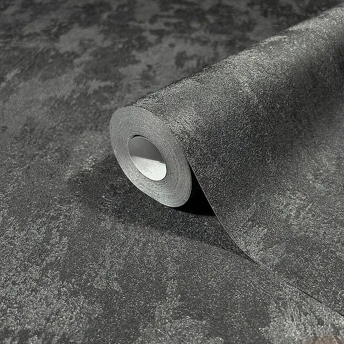 Glööckler Pompöös Provence Vliestapete - Schwarz, Metalloptik, 10,05 x 0,53 m - Nahaufnahme einer Rolle dunkler Strukturtapete, die ihre feine, textile Oberfläche und das dezente Muster hervorhebt.