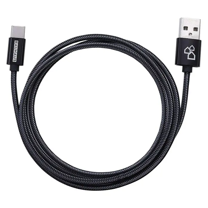 BAUHAUS USB-Ladekabel - Schwarz, 1 m, USB A-Stecker, USB C-Stecker - USB-Kabel mit USB-C- und USB-A-Anschlüssen. Das Kabel ist textilummantelt und in Schwarz gehalten. Ideal für schnelles Laden und Datenübertragung.