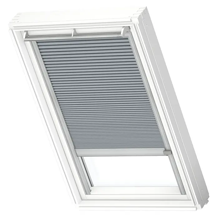 Velux Dachfensterplissee FSC S04 1163KFarbe: Betongrau - 1163K, Farbe Schiene: Aluminium, Solarbetrieben - Diagonale Ansicht