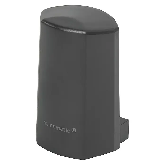 Homematic IP Funk-Temperatursensor HmIP-STHO-A - Anthrazit, 5,9 x 8,2 x 4,1 cm, Batteriebetrieben, IP44 - Nahaufnahme eines Homematic IP Gerätes, das für Smart Home Anwendungen entwickelt wurde. Das Gehäuse ist dunkelgrau und kompakt.