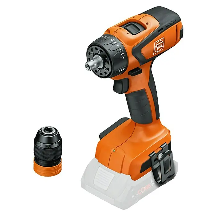 Fein AMPShare 18V Akku-Bohrschrauber ASCM 18 QSW AS - 18 V, Ohne Akku - Bild einer FEIN Akku-Bohrmaschine mit auswechselbarem Bohrfutter und ProCORE Akku, ideal für präzise Schraubarbeiten und Bohrungen.