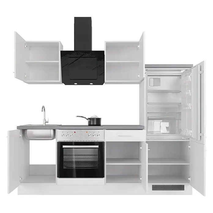 Flex-Well Rom  Küchenzeile Typ 3 - Breite: 220 cm, Weiß, Mit Elektrogeräten - Komplett ausgestattete, moderne Küche mit viel Stauraum, inklusive Spüle, Herd, Dunstabzugshaube und Kühlschrank.
