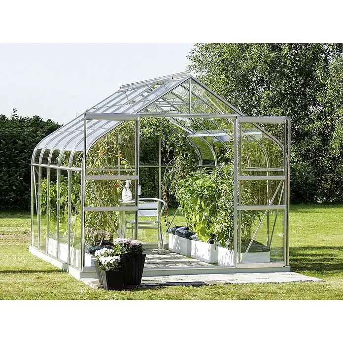 Vitavia Gewächshaus Dione 8300 - Außenmaß inkl. Dachüberstand (B x T): 263,5 x 321 cm, 3 mm, Aluminium - Das Bild zeigt ein Gewächshaus mit Pflanzen, Blumen und Gartengeräten in einem Garten.