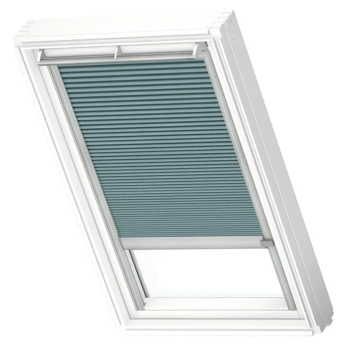 Velux Dachfensterplissee FSC SK08 1173KFarbe: Petrol - 1173K, Farbe Schiene: Aluminium, Solarbetrieben - Diagonale Ansicht
